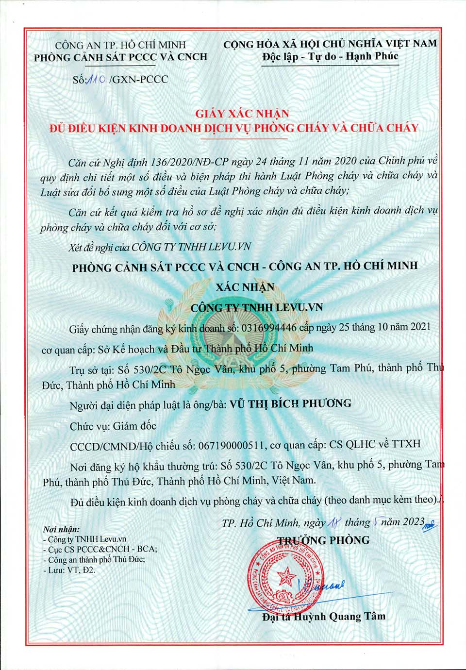 Giấy xác nhận đủ điều kiện kinh doanh dịch vụ phòng cháy chữa cháy tại Việt Nam - Công ty TNHH Levu.vn